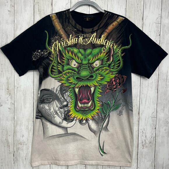 Vintage Christian Audigier Short Sleeve Dragon Roses Woman Art Unisex T-Shirt XL - Picture 1 of 11